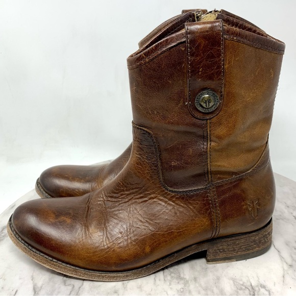 Frye Melissa Short Brown Leather Booties 6 Classic Equestrian Moto Bohemian - Picture 2 of 14